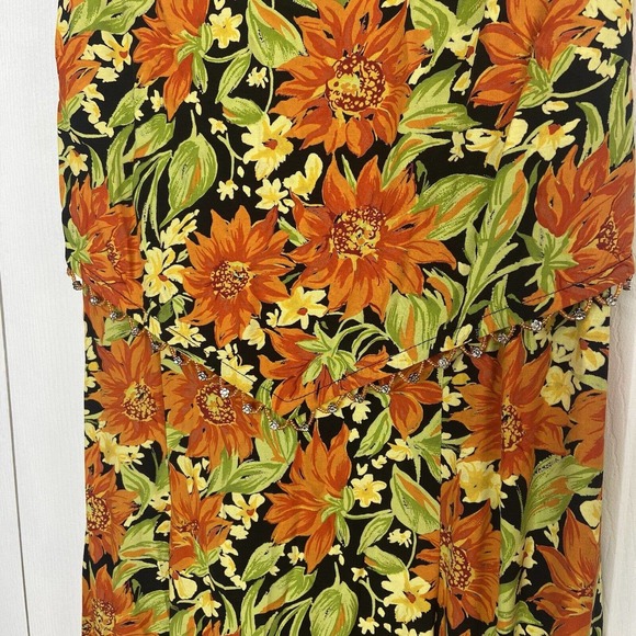 VTG Women's Floral Beaded Midi Length Dress Size 14 Orange Tie Waist CDC Wear - Picture 3 of 11